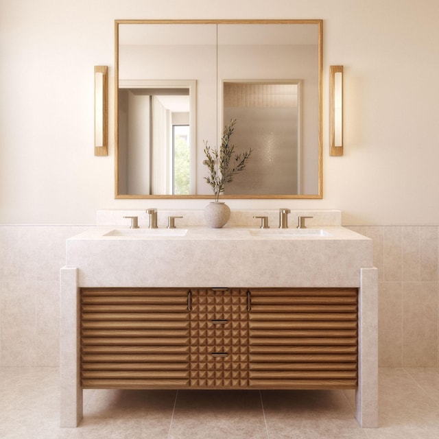 full bathroom with double vanity, tile patterned flooring, tile walls, and a sink