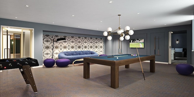 playroom featuring carpet floors, billiards, baseboards, recessed lighting, and a chandelier