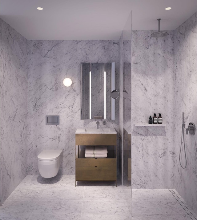 bathroom featuring marble finish floor, a walk in shower, toilet, and vanity