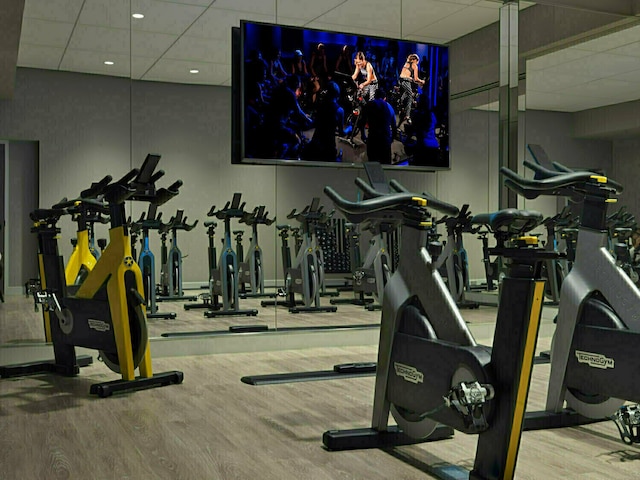 252 S St Unit 76E, New York City, NY 10002 - exercise room featuring a drop ceiling and wood finished floors