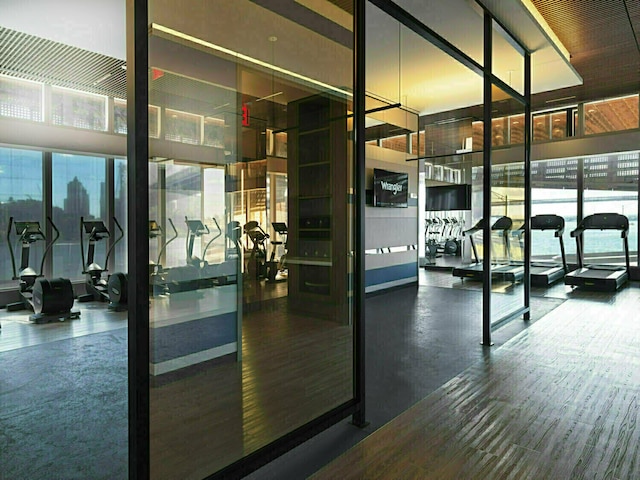 252 S St Unit 76E, New York City, NY 10002 - exercise room featuring wood finished floors and floor to ceiling windows