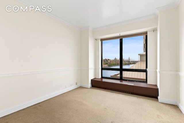 carpeted empty room featuring baseboards and ornamental molding