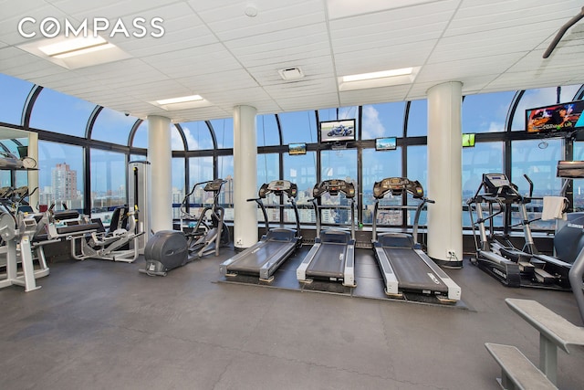 exercise room featuring a drop ceiling, a healthy amount of sunlight, and expansive windows