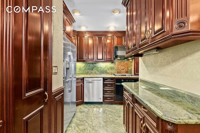 kitchen with black appliances, dark brown cabinets, and light stone countertops