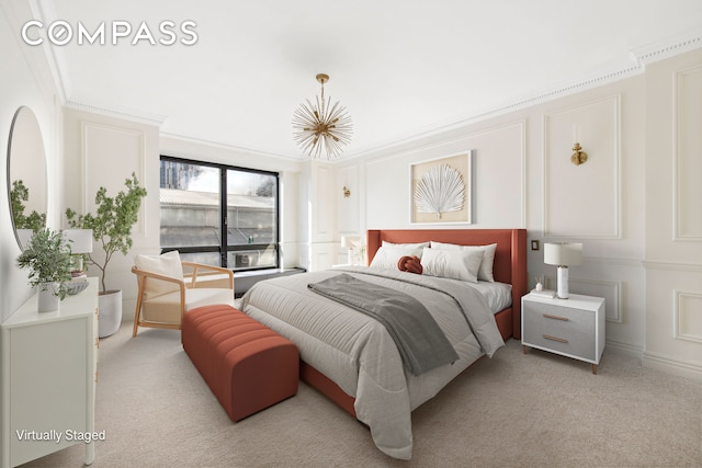 bedroom with crown molding, a decorative wall, and light carpet