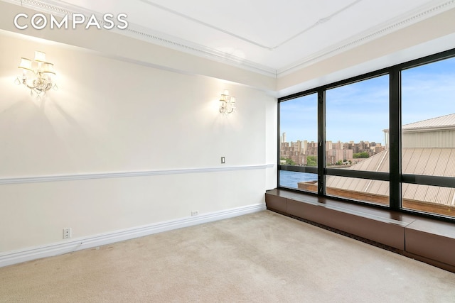 carpeted spare room featuring a city view, crown molding, and baseboards