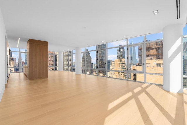 unfurnished living room with a healthy amount of sunlight, light hardwood / wood-style flooring, and expansive windows