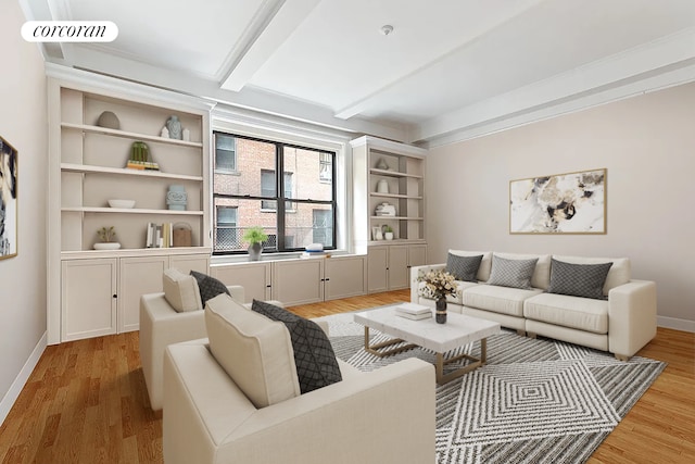 144 E 36th St Unit 1C, New York City, NY 10016 - living area with beamed ceiling, light wood-type flooring, and baseboards