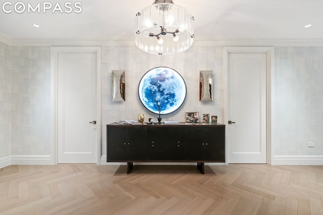 bathroom featuring parquet flooring and ornamental molding