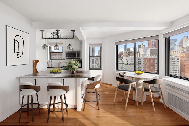 dining area with a view of city, a dry bar, light wood-style flooring, and radiator