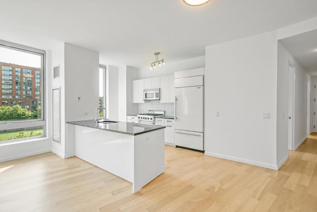 kitchen with premium appliances, dark countertops, a peninsula, white cabinetry, and a sink