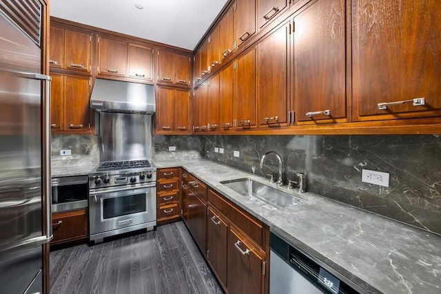 kitchen with premium appliances, under cabinet range hood, a sink, decorative backsplash, and dark wood-style floors