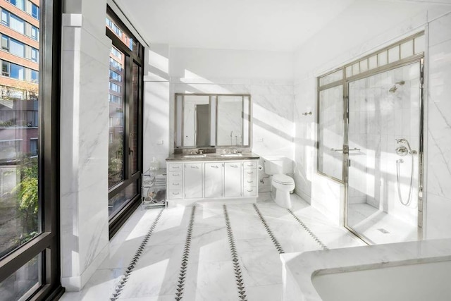 full bathroom with a shower with shower door, vanity, toilet, and a bathing tub