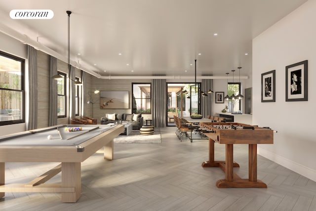 recreation room featuring pool table, plenty of natural light, recessed lighting, and baseboards
