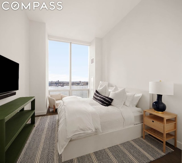 bedroom featuring a water view, expansive windows, and dark hardwood / wood-style flooring