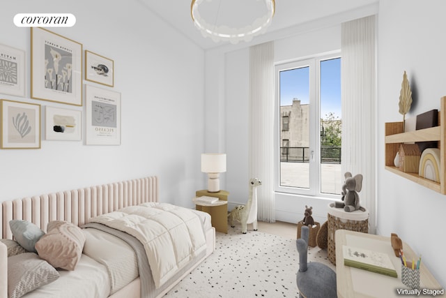 bedroom featuring light colored carpet