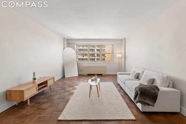 living room with dark parquet floors and radiator heating unit