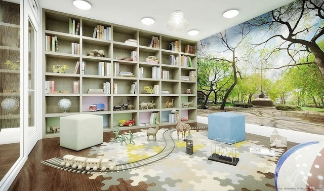 interior space featuring dark hardwood / wood-style floors and built in shelves