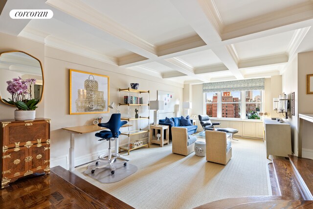 office space with crown molding, coffered ceiling, beam ceiling, and carpet flooring