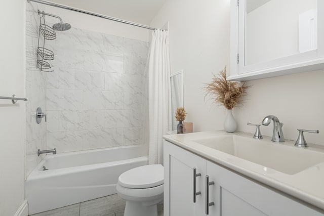 full bathroom with shower / bathtub combination with curtain, vanity, tile patterned floors, and toilet