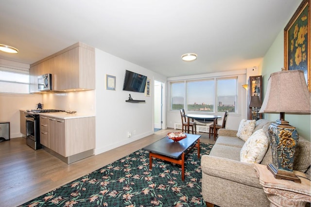 living room with plenty of natural light and light hardwood / wood-style flooring