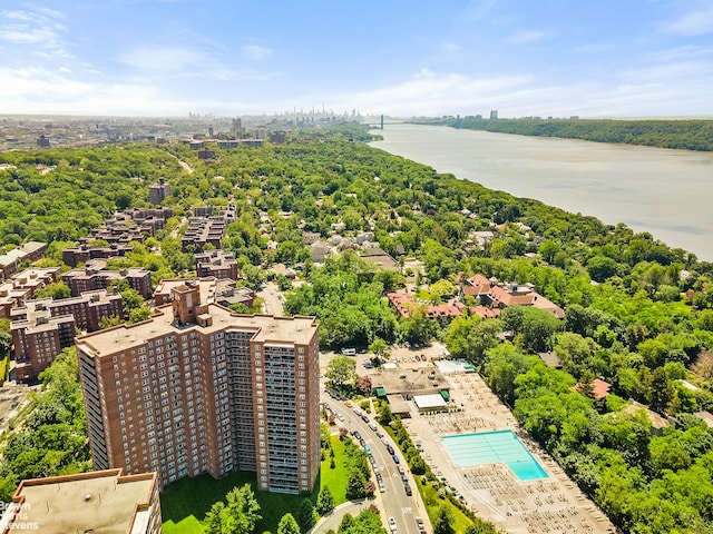 aerial view featuring a city view and a water view