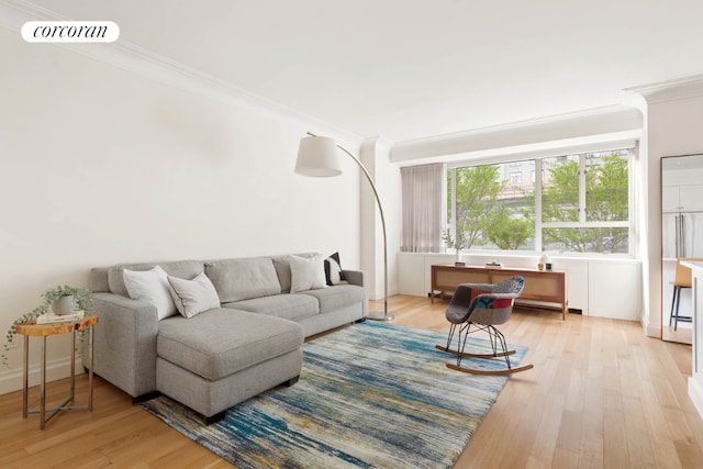 living room featuring light hardwood / wood-style flooring and ornamental molding