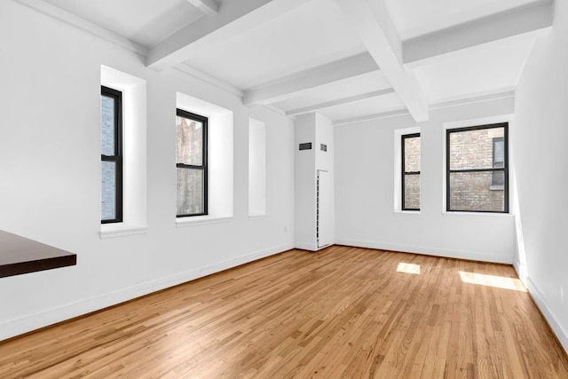 empty room featuring beam ceiling, a wealth of natural light, and light wood-type flooring