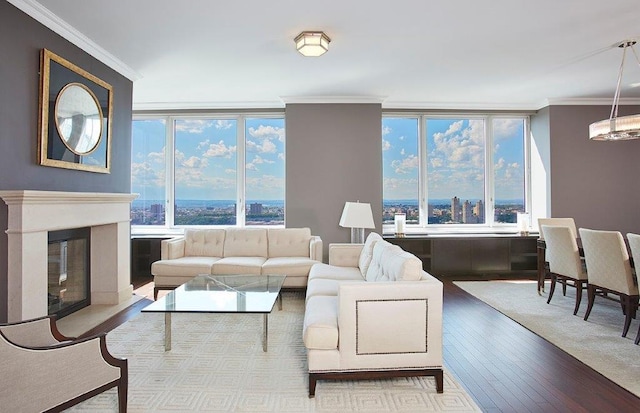 living area featuring a view of city, ornamental molding, light wood-type flooring, and a high end fireplace