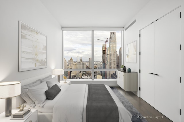 bedroom with a view of city, a closet, and dark wood-style floors