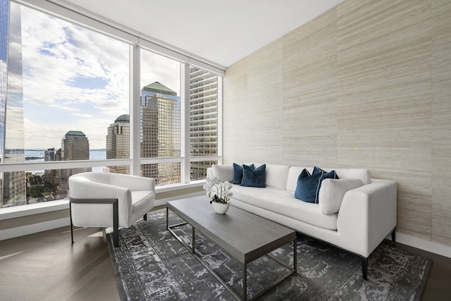 living area with a view of city and baseboards