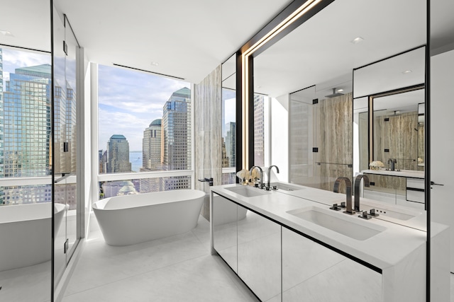 full bathroom with a sink, a view of city, a wall of windows, and a freestanding bath