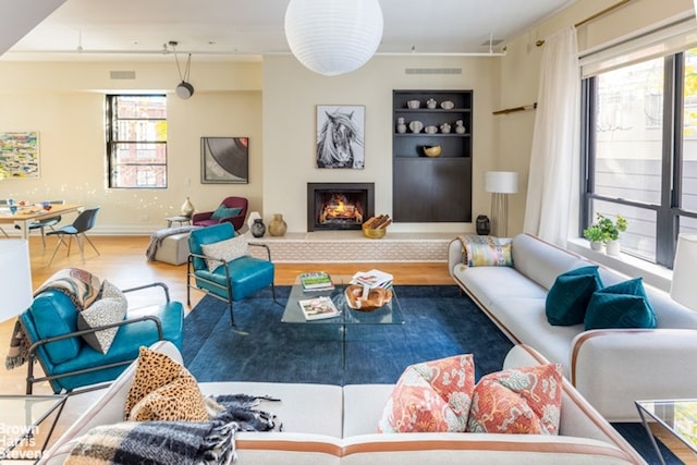 living room with hardwood / wood-style flooring and built in shelves