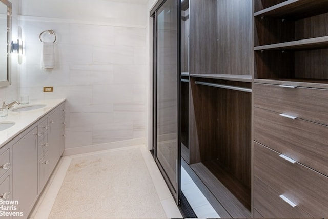 bathroom with walk in shower and vanity