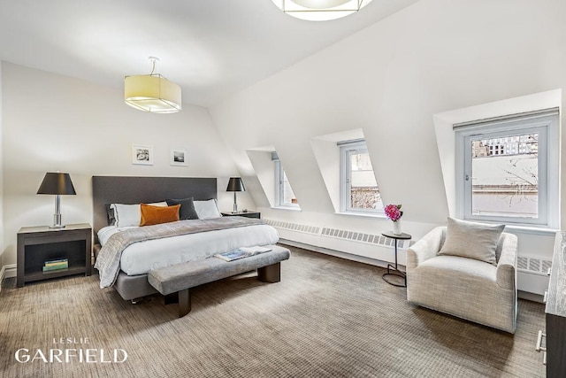 carpeted bedroom featuring radiator heating unit