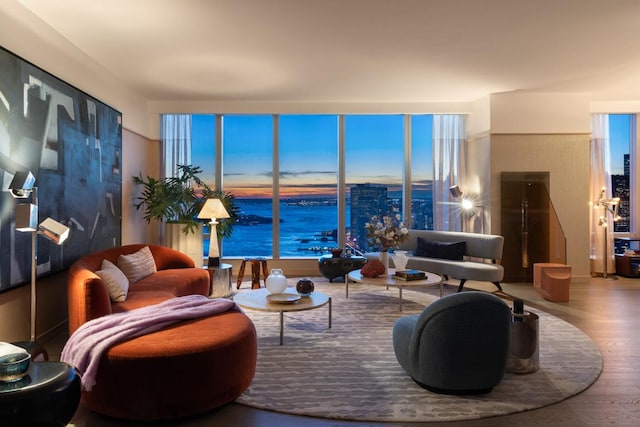 living room featuring wood-type flooring and a water view