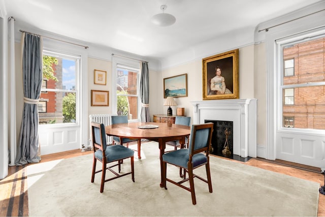 dining room with a fireplace with flush hearth, light wood-type flooring, and radiator