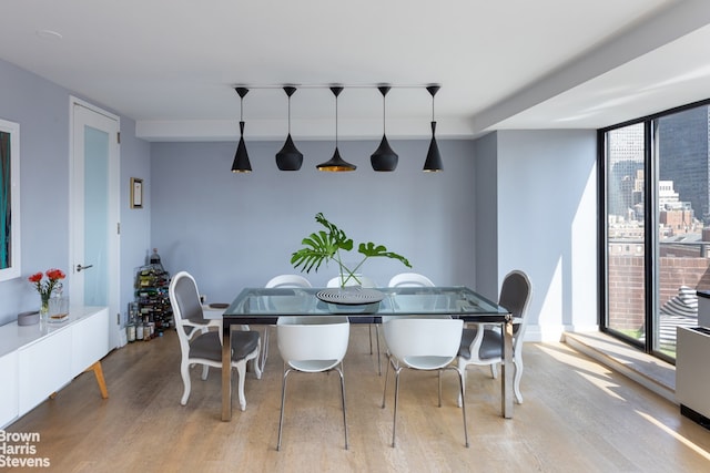 dining space featuring floor to ceiling windows and light hardwood / wood-style floors