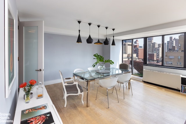 dining space featuring radiator and light wood-type flooring