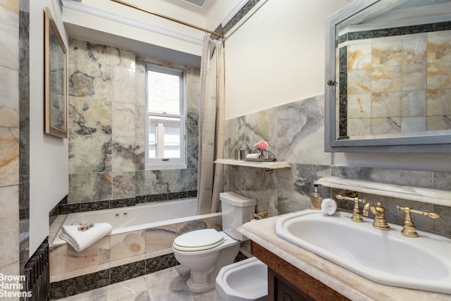 full bathroom with toilet, shower / tub combo with curtain, a bidet, tile walls, and vanity