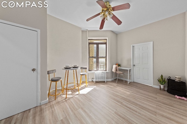 living area featuring radiator, light hardwood / wood-style floors, and ceiling fan