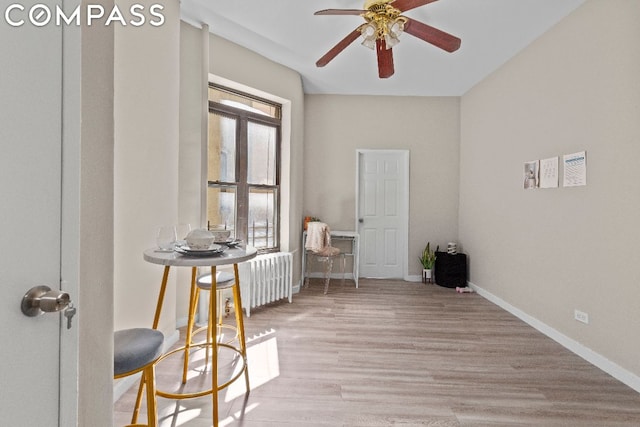 sitting room with radiator, ceiling fan, and light hardwood / wood-style flooring