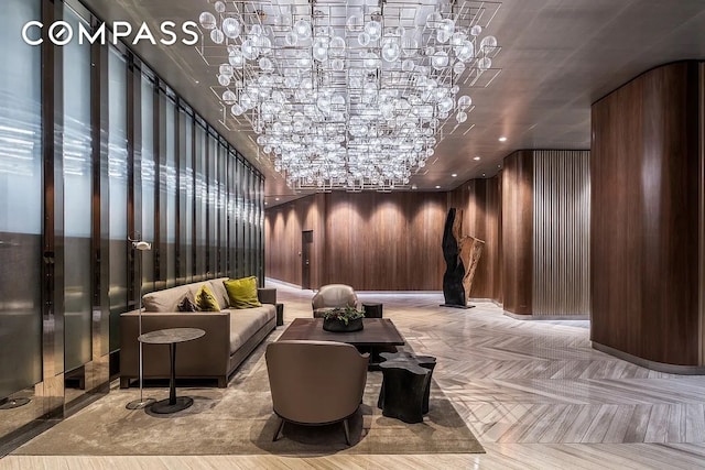 lobby featuring wooden walls