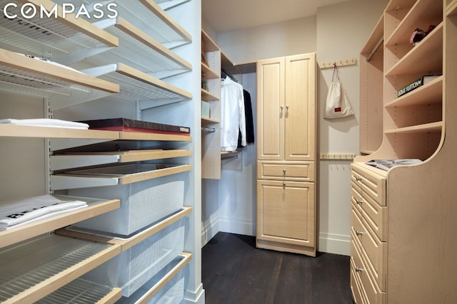 spacious closet with dark hardwood / wood-style flooring