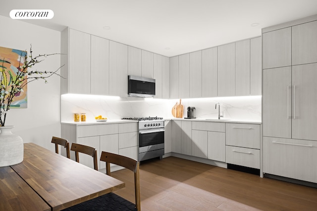 379 Ocean Pkwy Unit 4B, New York City, NY 11218 - kitchen with appliances with stainless steel finishes, light wood-type flooring, modern cabinets, and decorative backsplash