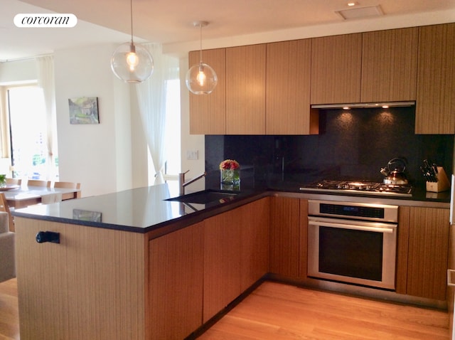 kitchen featuring backsplash, sink, hanging light fixtures, a healthy amount of sunlight, and appliances with stainless steel finishes