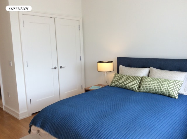 bedroom featuring wood-type flooring and a closet