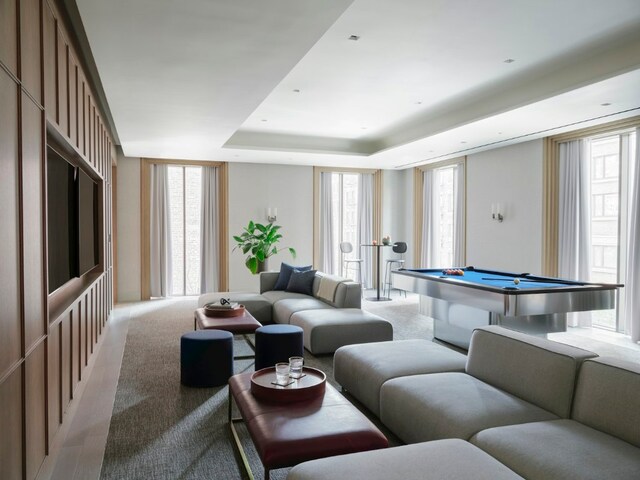 interior space featuring pool table and a tray ceiling