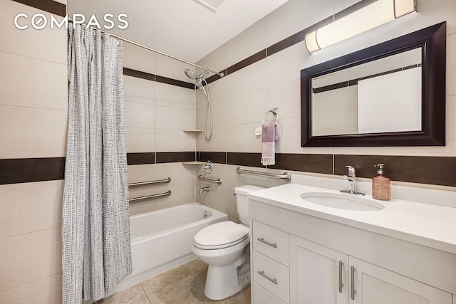 bathroom with toilet, vanity, tile walls, tile patterned floors, and shower / bath combination with curtain