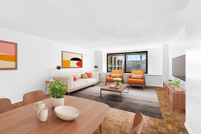 living room with parquet floors and a textured ceiling